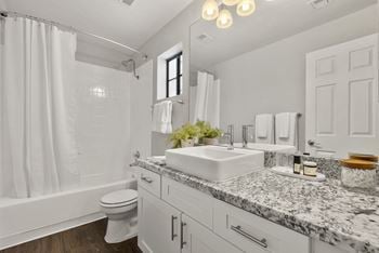 A bathroom with a sink and a toilet and a shower